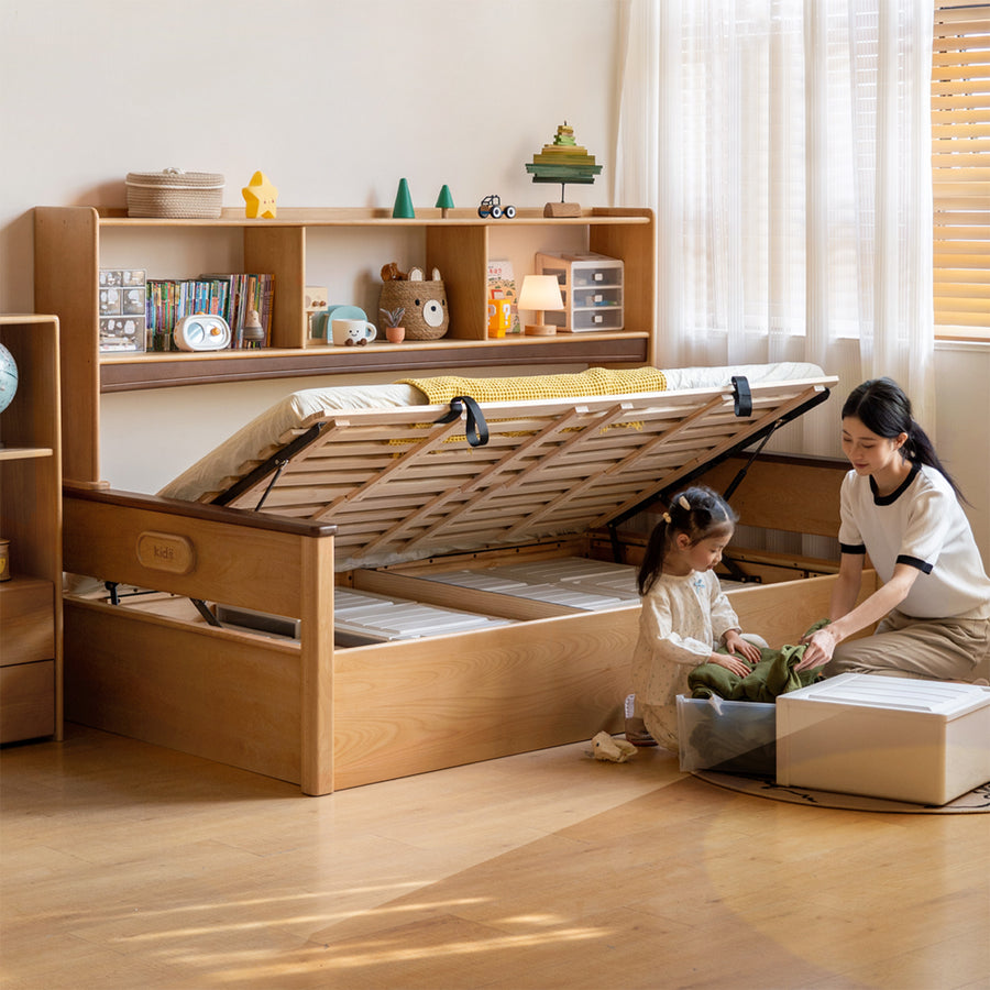 Scandinavian beech wood kids storage bed velto primary product view.