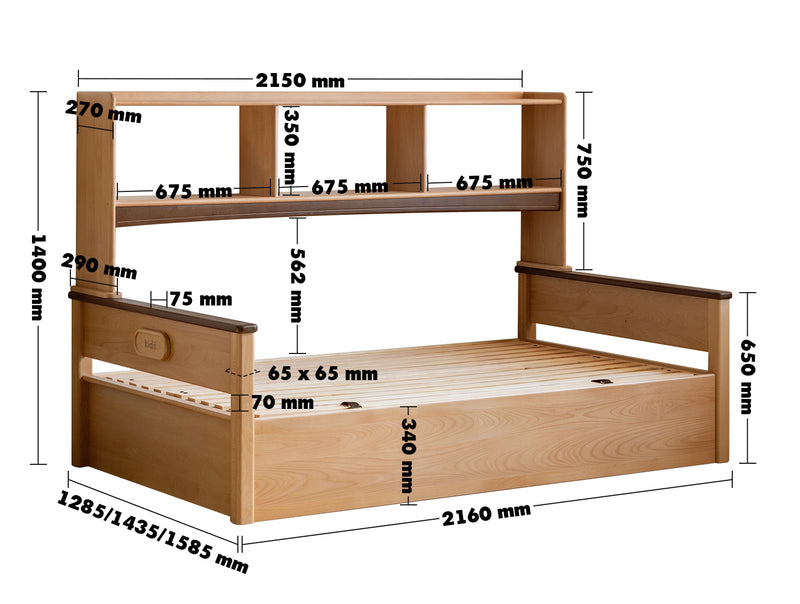 Scandinavian Beech Wood Kids Storage Bed VELTO Size Chart