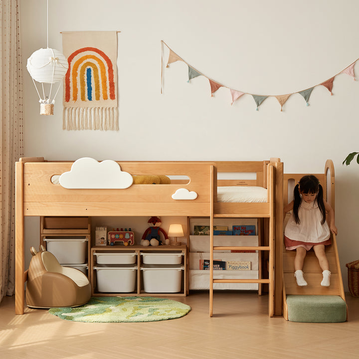 Scandinavian beech wood kids storage bed with slide and study desk cloud primary product view.