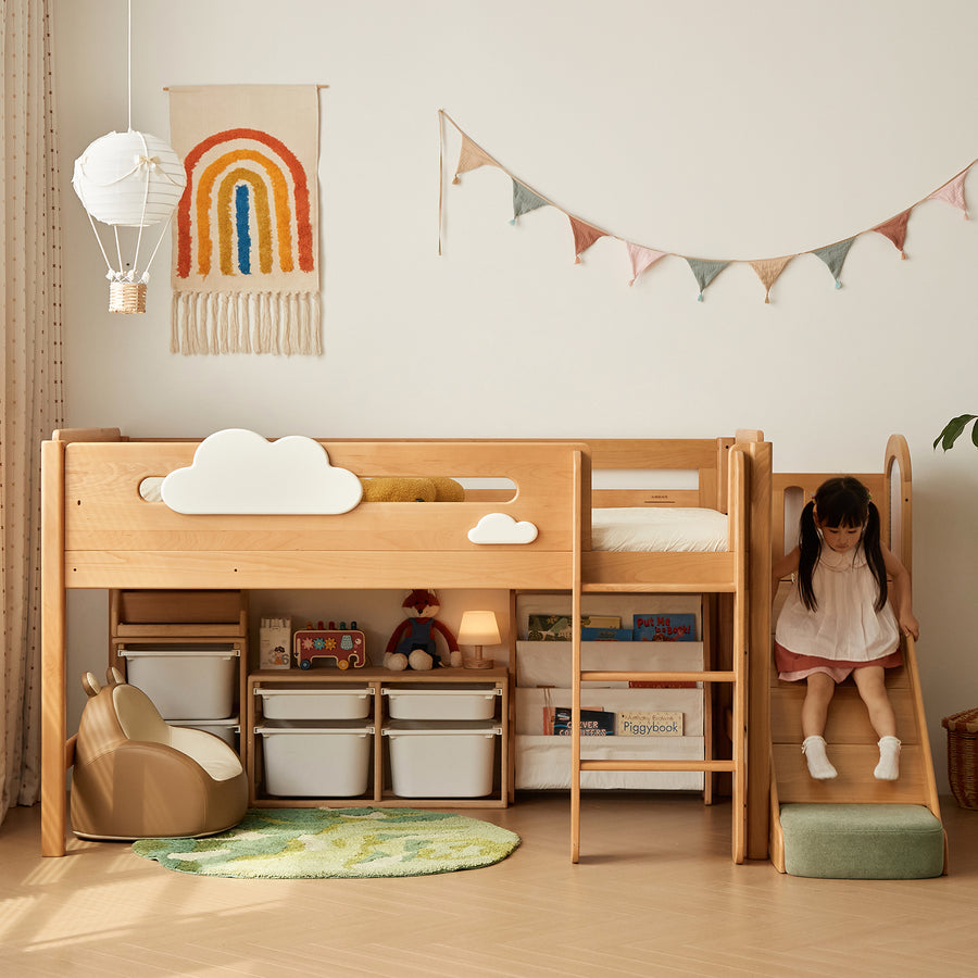 Scandinavian beech wood kids storage bed with slide and study desk cloud primary product view.