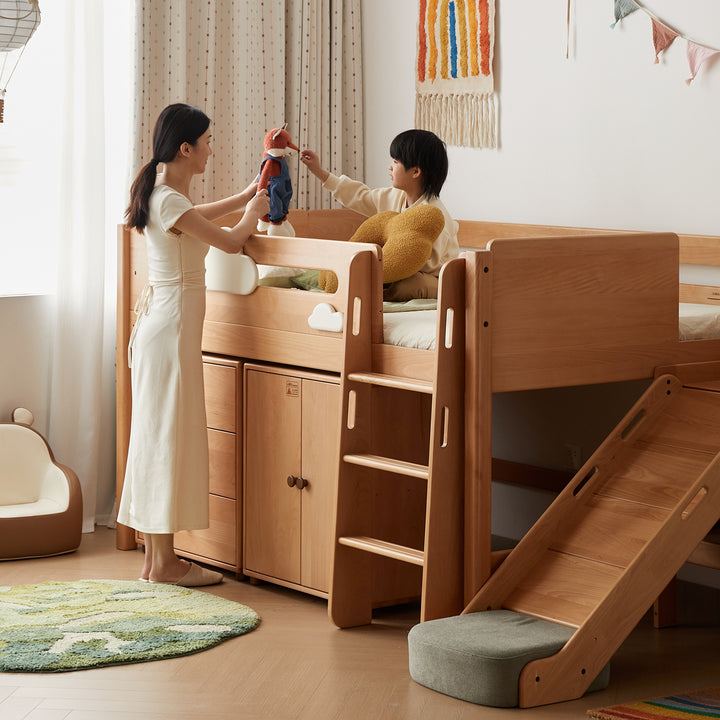 Scandinavian beech wood kids storage bed with slide and study desk cloud size charts.
