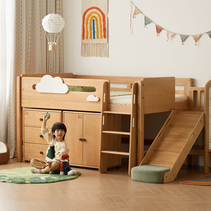Scandinavian beech wood kids storage bed with slide and study desk cloud material variants.