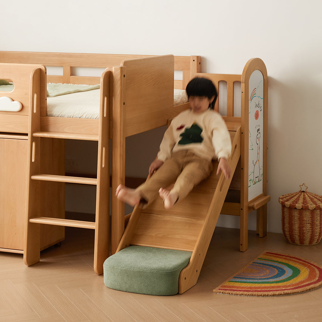 Scandinavian beech wood kids storage bed with slide and study desk cloud with context.