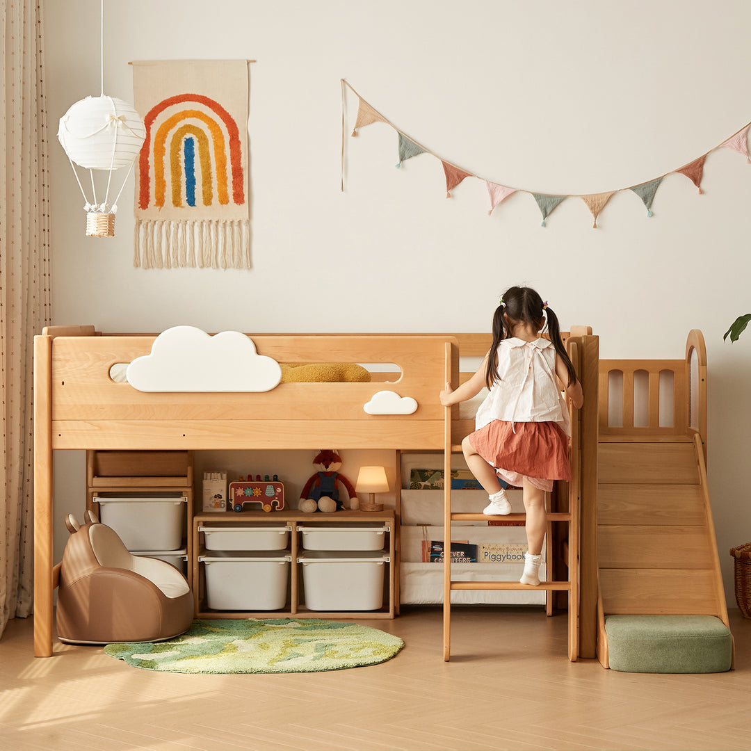 Scandinavian beech wood kids storage bed with slide and study desk cloud in close up details.