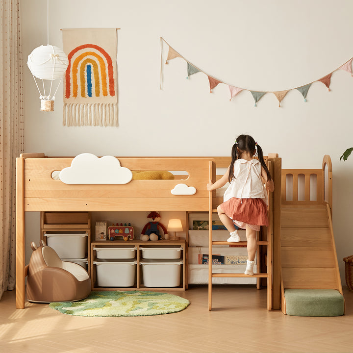 Scandinavian beech wood kids storage bed with slide and study desk cloud in close up details.