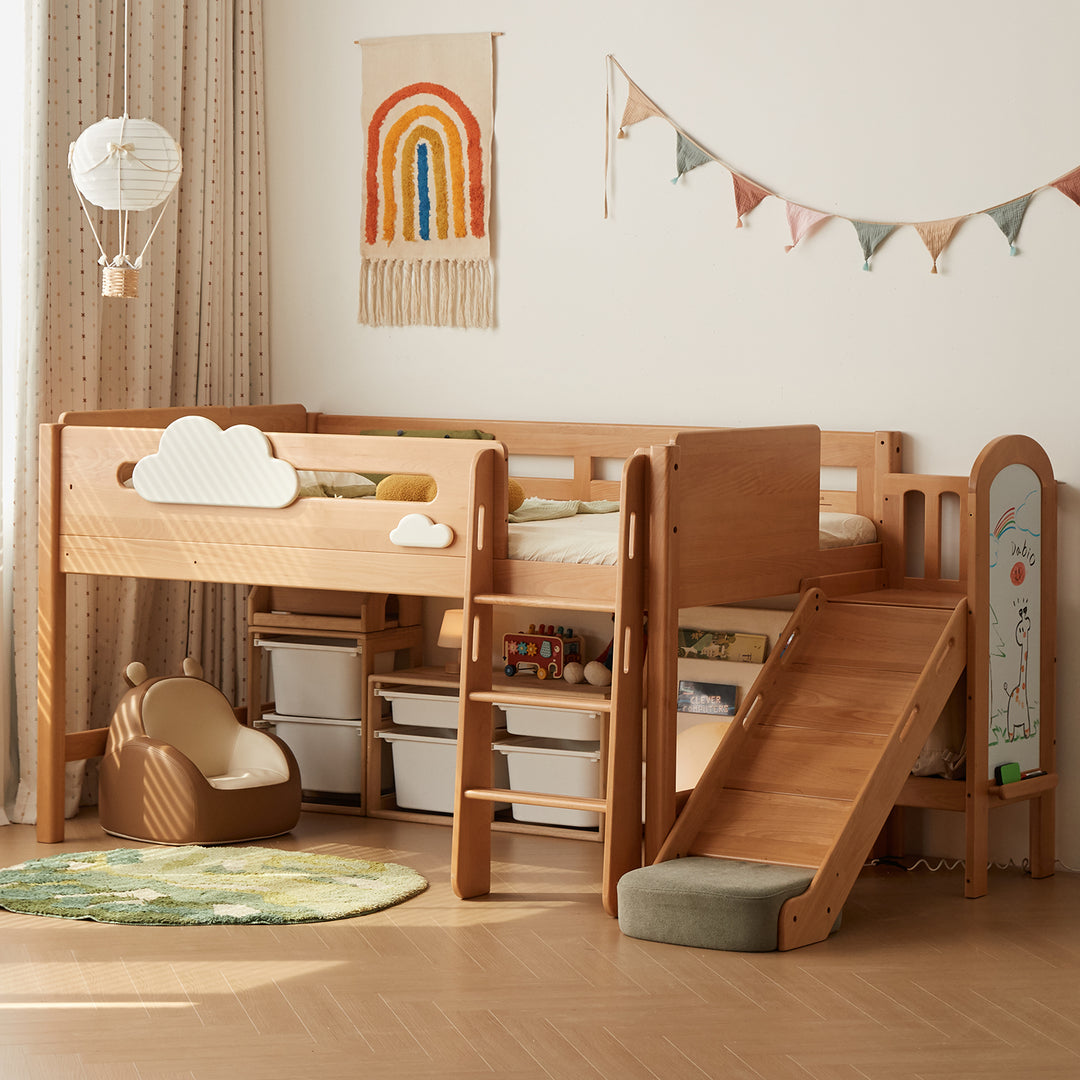 Scandinavian beech wood kids storage bed with slide and study desk cloud environmental situation.