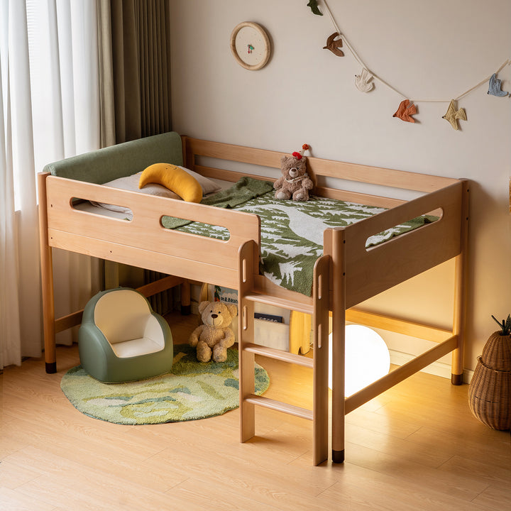 Scandinavian beech wood kids storage bed with study desk matchstick in panoramic view.