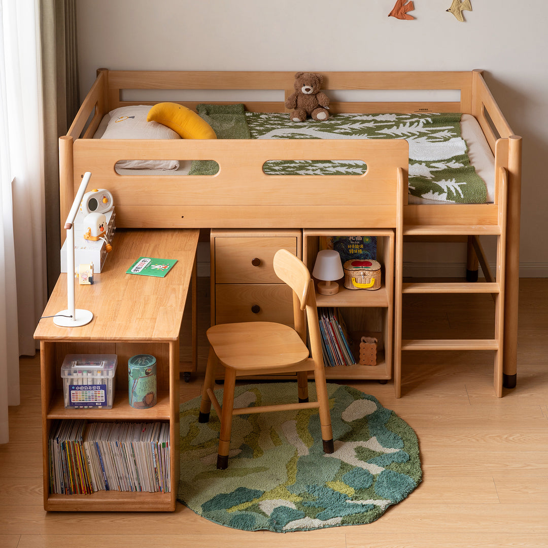 Scandinavian beech wood kids storage bed with study desk matchstick in still life.
