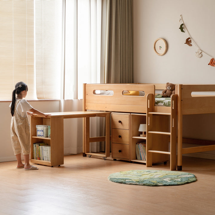 Scandinavian beech wood kids storage bed with study desk matchstick size charts.