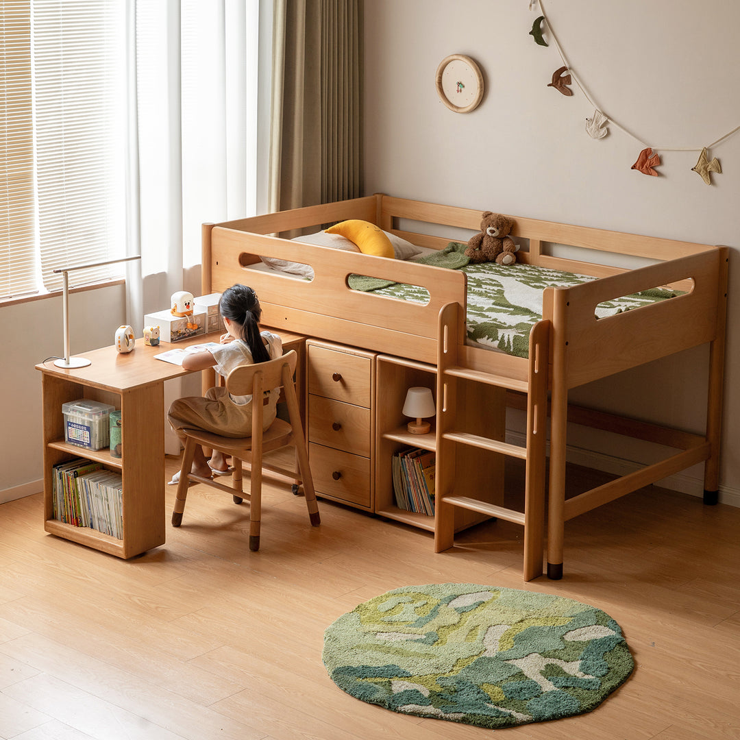 Scandinavian beech wood kids storage bed with study desk matchstick color swatches.