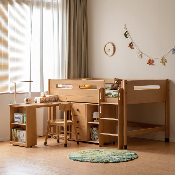 Scandinavian beech wood kids storage bed with study desk matchstick material variants.