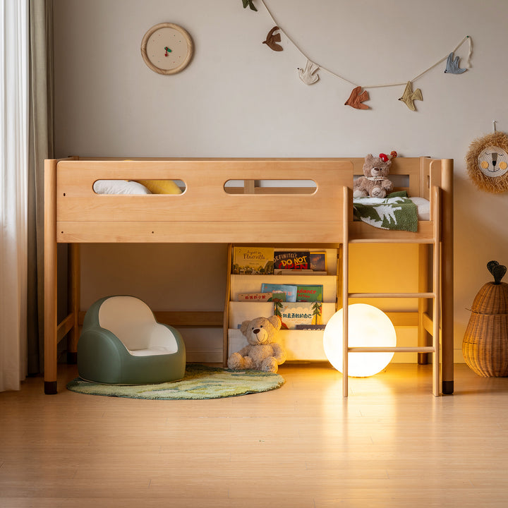Scandinavian beech wood kids storage bed with study desk matchstick in real life style.