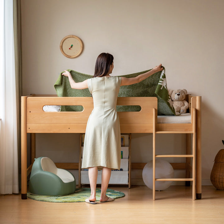 Scandinavian beech wood kids storage bed with study desk matchstick with context.