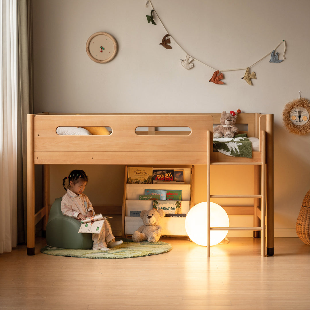 Scandinavian beech wood kids storage bed with study desk matchstick in close up details.