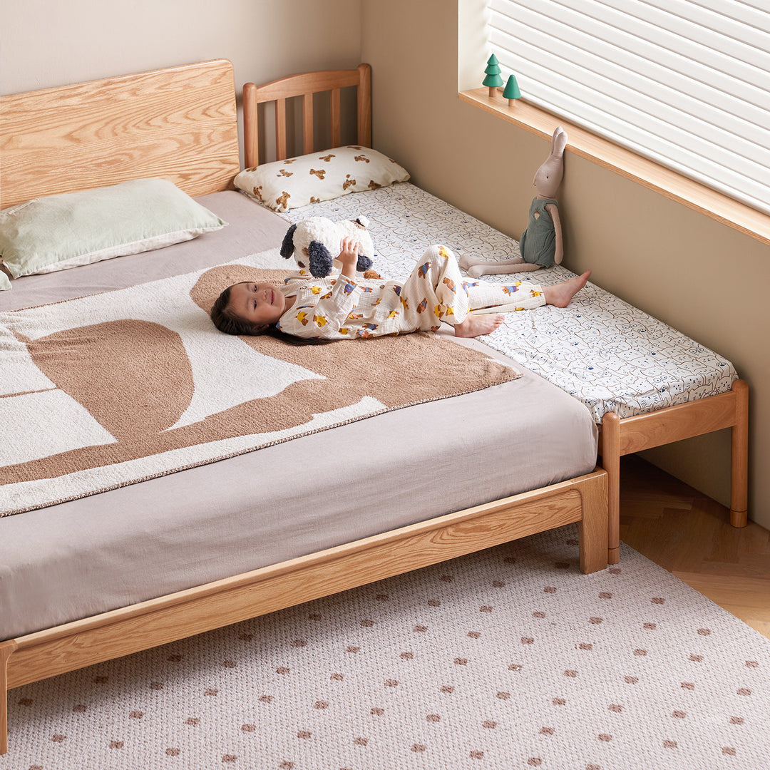 Scandinavian birch wood kids sidecar bed with mattress set mika primary product view.