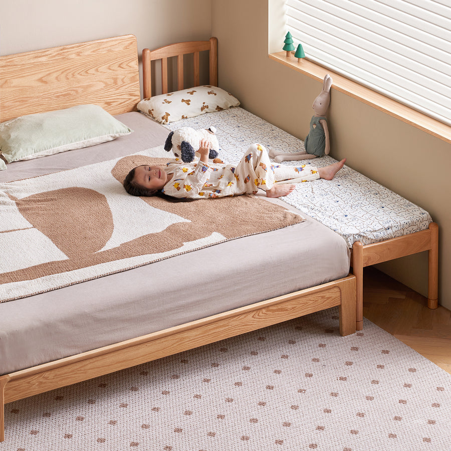 Scandinavian birch wood kids sidecar bed with mattress set mika primary product view.