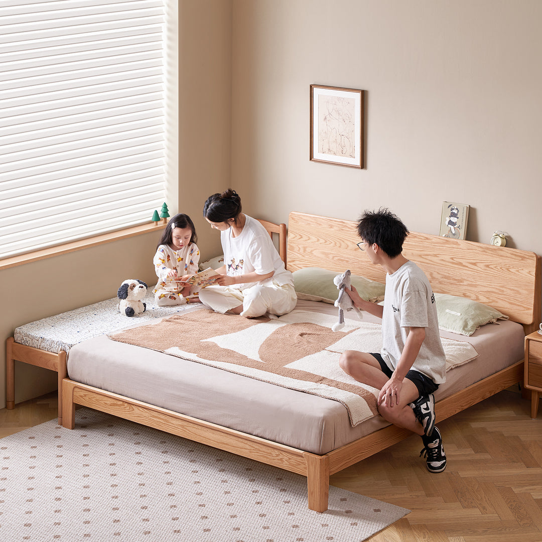 Scandinavian birch wood kids sidecar bed with mattress set mika material variants.