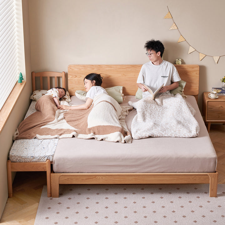 Scandinavian birch wood kids sidecar bed with mattress set mika in close up details.