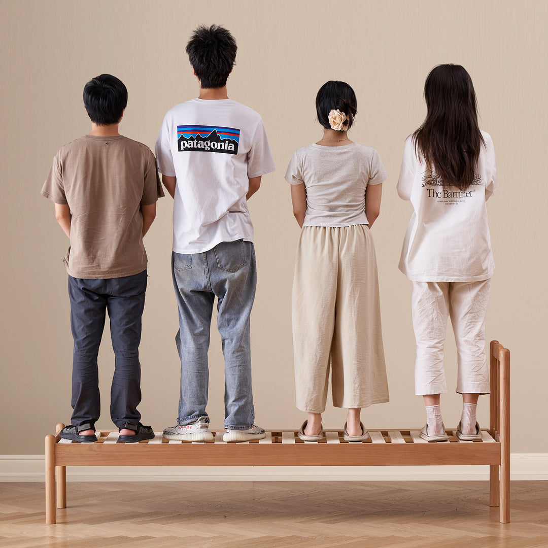 Scandinavian birch wood kids sidecar bed with mattress set mika in panoramic view.