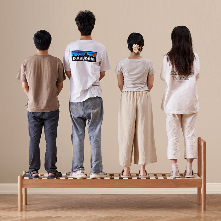 Scandinavian birch wood kids sidecar bed with mattress set mika in panoramic view.