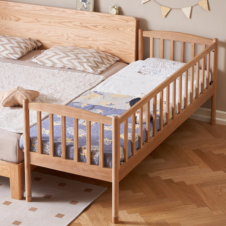 Scandinavian birch wood kids sidecar bed with mattress set myka material variants.