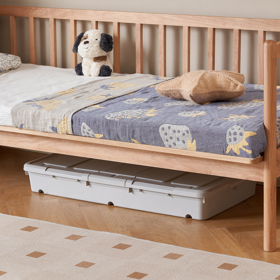 Scandinavian birch wood kids sidecar bed with mattress set myka in details.