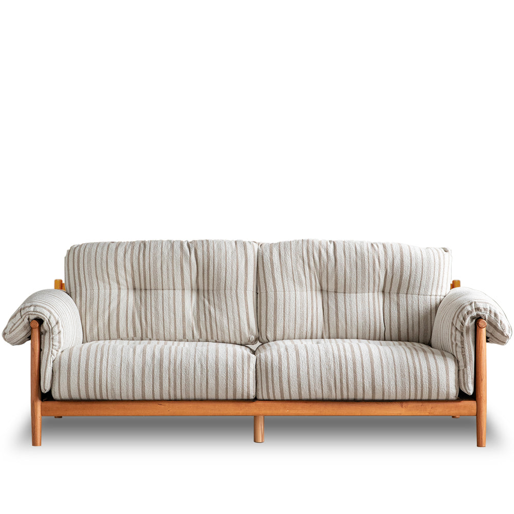 Scandinavian chenille velvet fabric cherry wood 3 seater sofa open backed in white background.