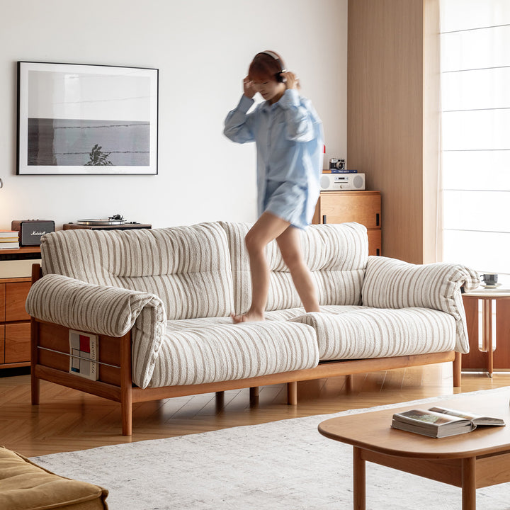 Scandinavian chenille velvet fabric cherry wood 3 seater sofa open backed material variants.