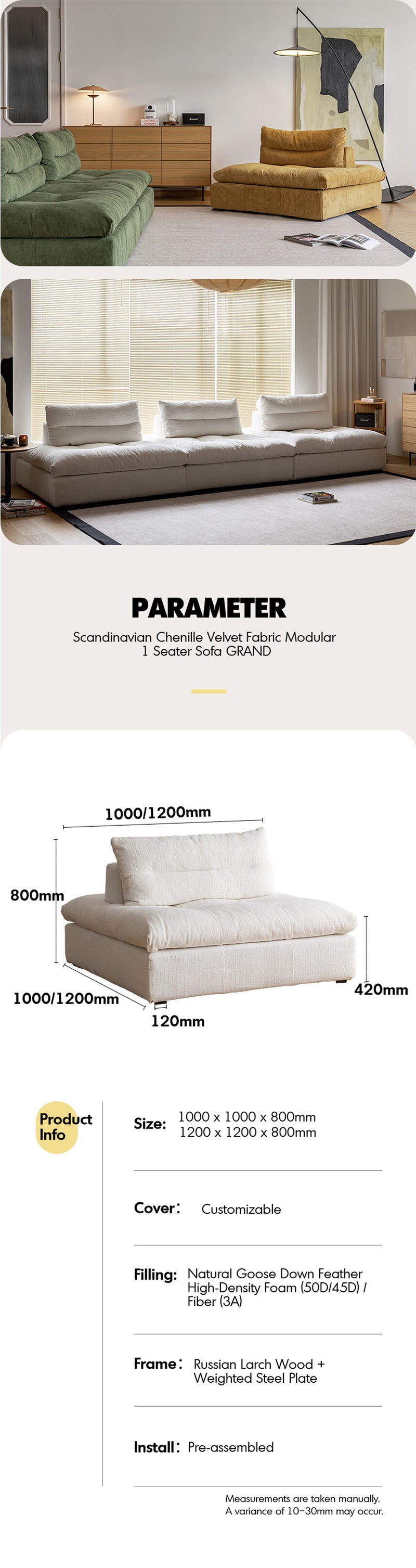 Scandinavian Chenille Velvet Fabric Modular 1 Seater Sofa GRAND Good to Know - 12