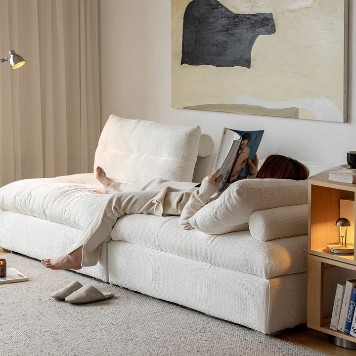 Scandinavian chenille velvet fabric modular 1 seater sofa in panoramic view.