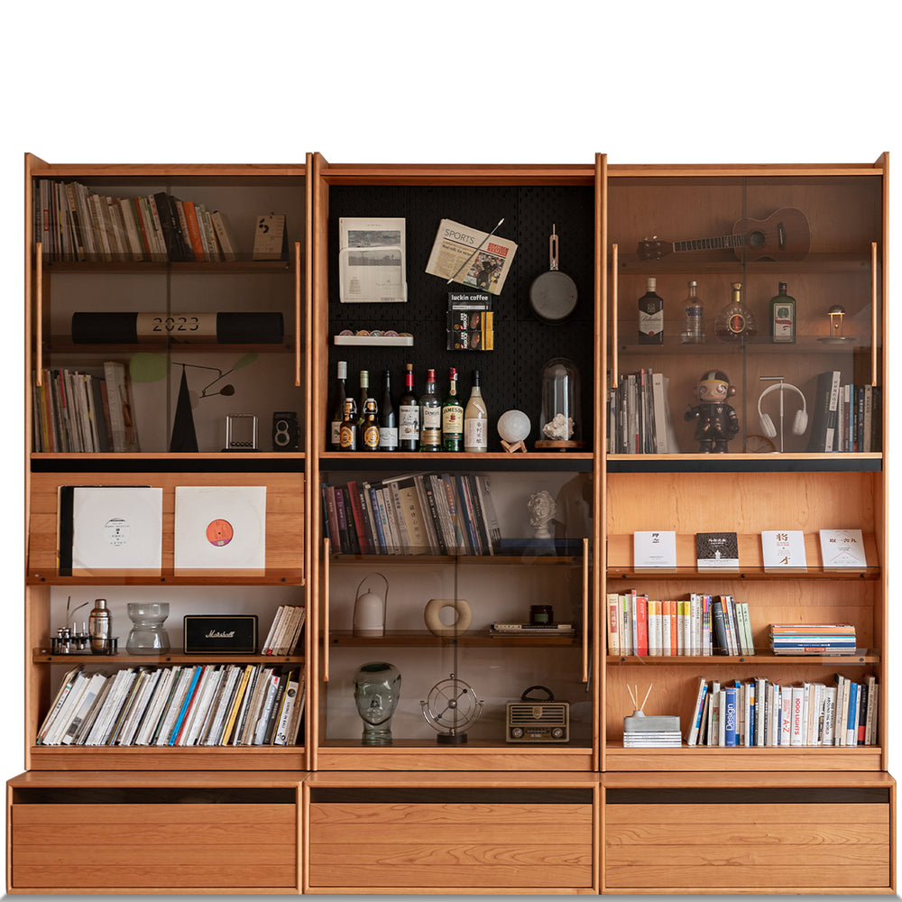 Scandinavian cherry wood bookshelf story in white background.