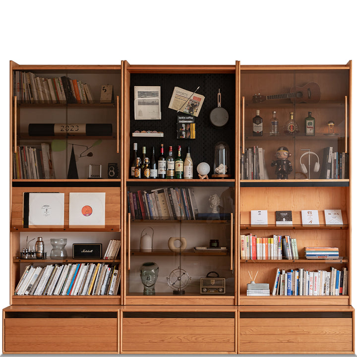 Scandinavian cherry wood bookshelf story in white background.