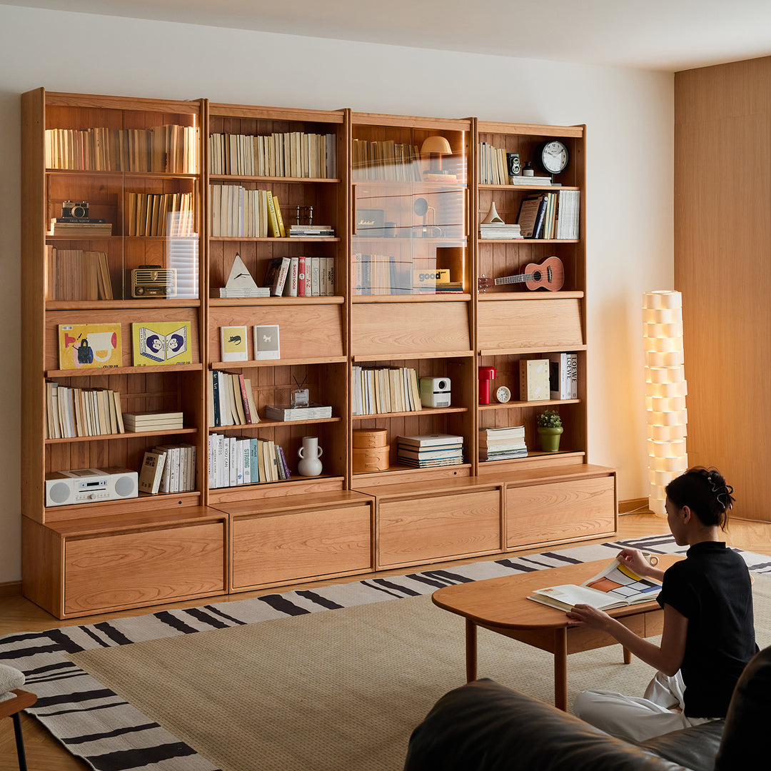 Scandinavian cherry wood bookshelf vista size charts.