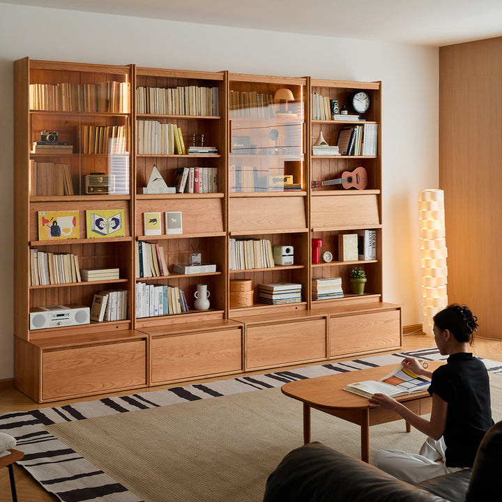 Scandinavian cherry wood bookshelf vista size charts.