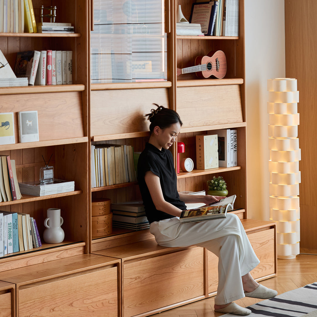 Scandinavian cherry wood bookshelf vista color swatches.