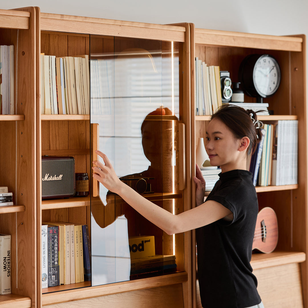 Scandinavian cherry wood bookshelf vista material variants.