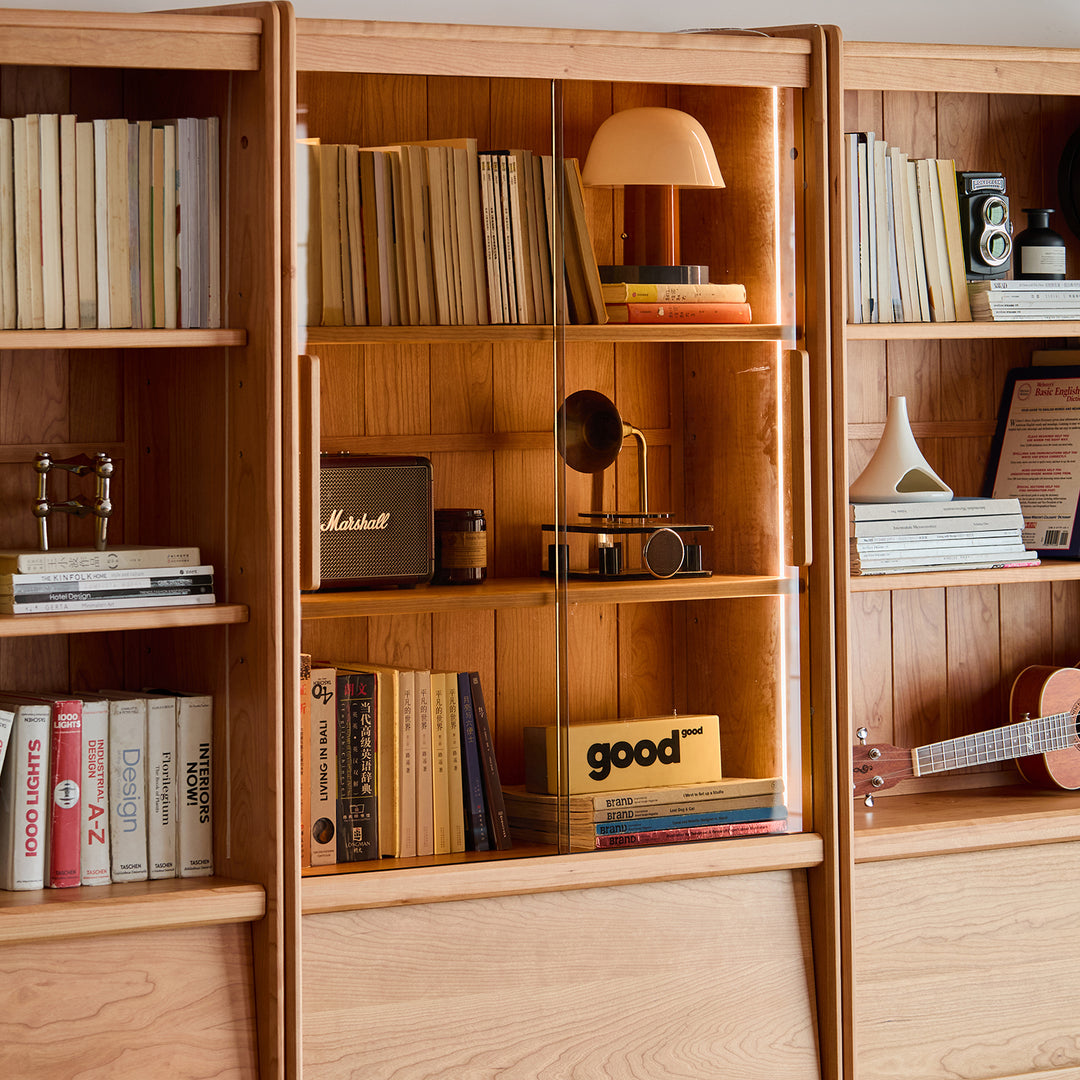 Scandinavian cherry wood bookshelf vista in real life style.