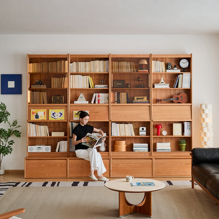 Scandinavian cherry wood bookshelf vista in details.