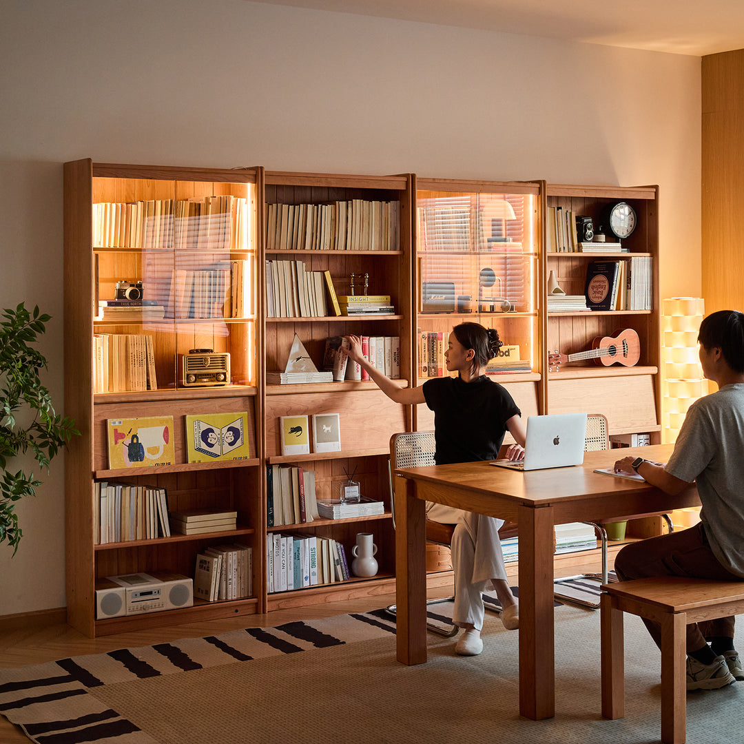 Scandinavian cherry wood bookshelf vista in close up details.