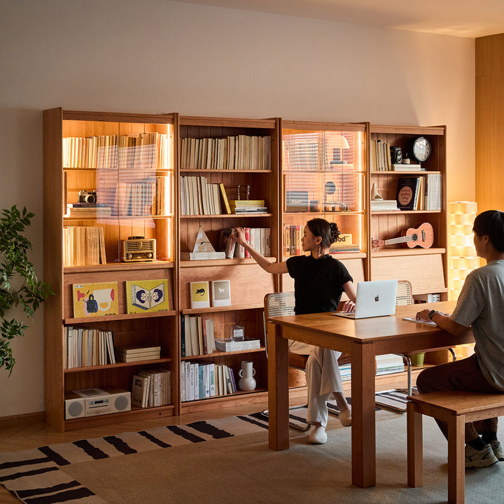 Scandinavian cherry wood bookshelf vista in close up details.