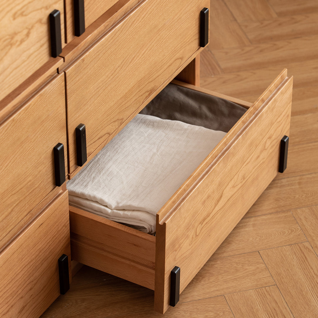 Scandinavian cherry wood cabinet dottie in panoramic view.