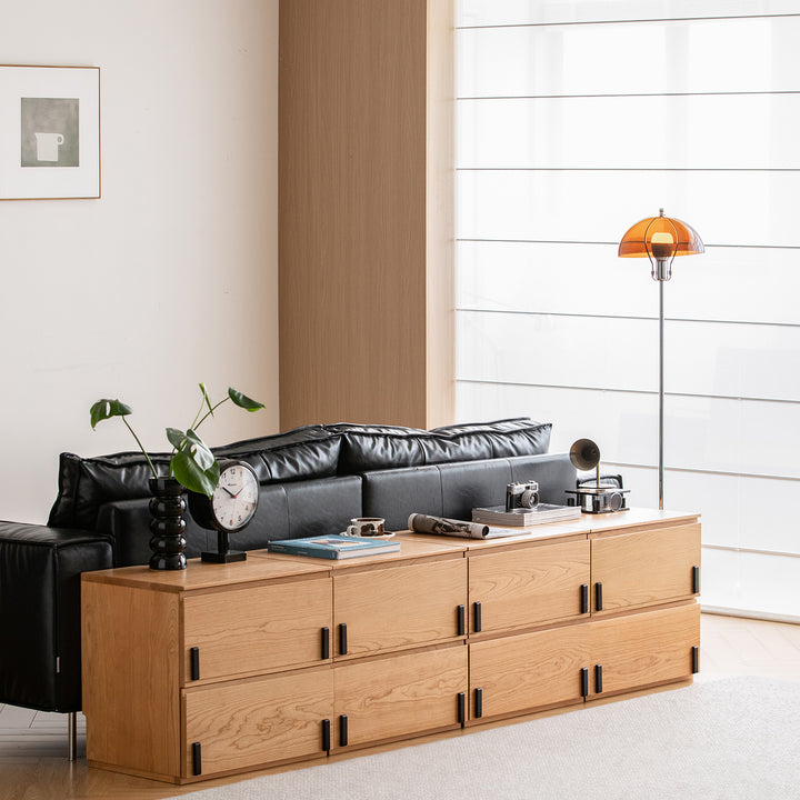 Scandinavian cherry wood cabinet dottie color swatches.