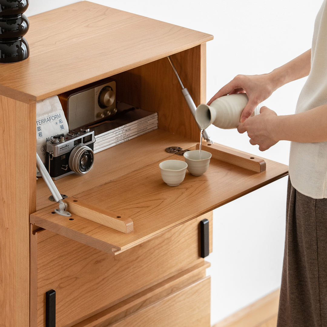 Scandinavian cherry wood cabinet dottie in real life style.