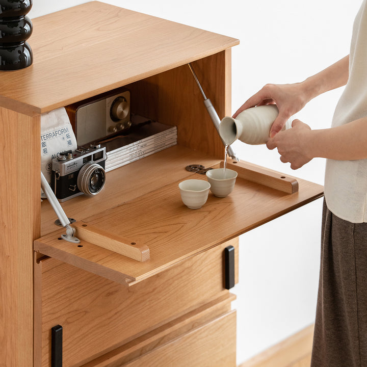 Scandinavian cherry wood cabinet dottie in real life style.