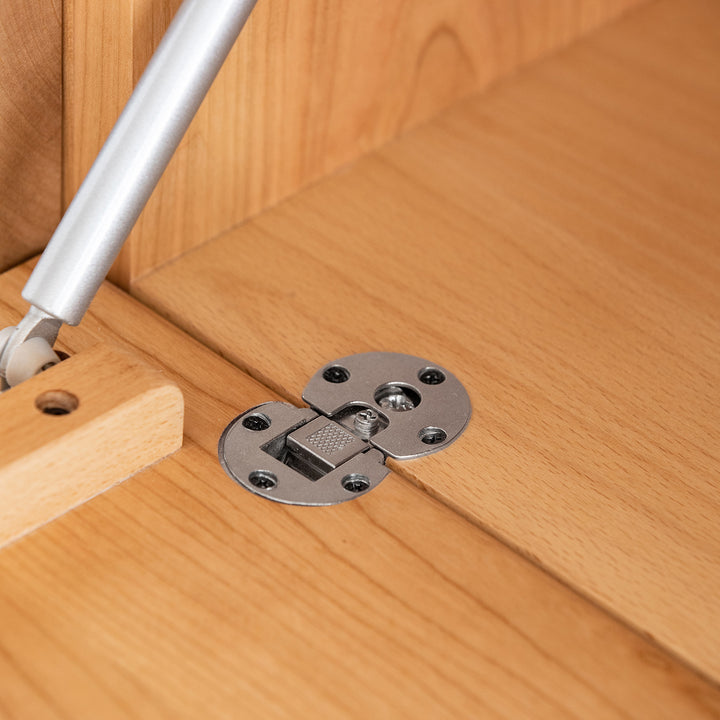 Scandinavian cherry wood cabinet dottie in close up details.