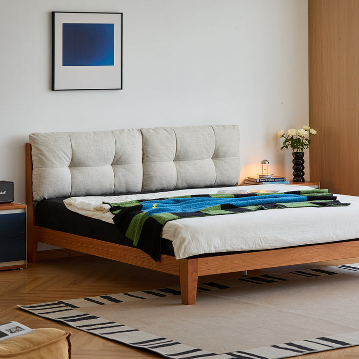 Scandinavian cherry wood cotton fabric bed serene primary product view.