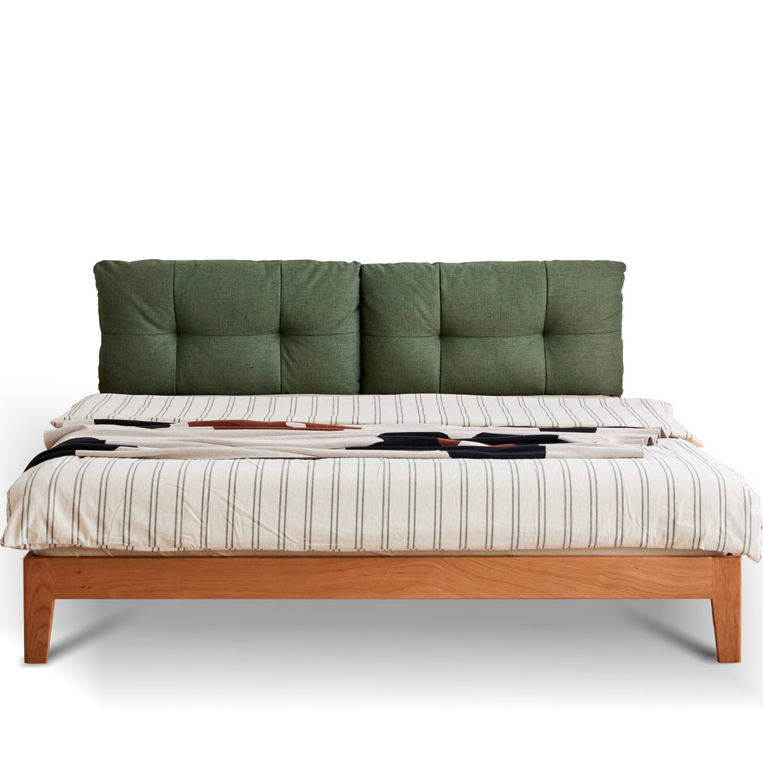 Scandinavian cherry wood cotton fabric bed serene environmental situation.