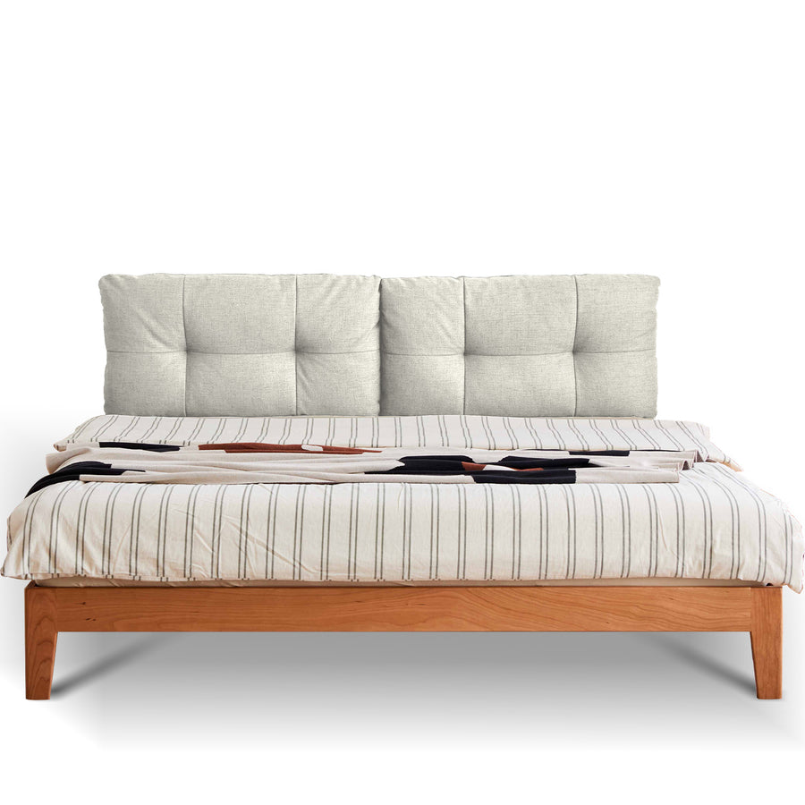 Scandinavian cherry wood cotton fabric bed serene in white background.