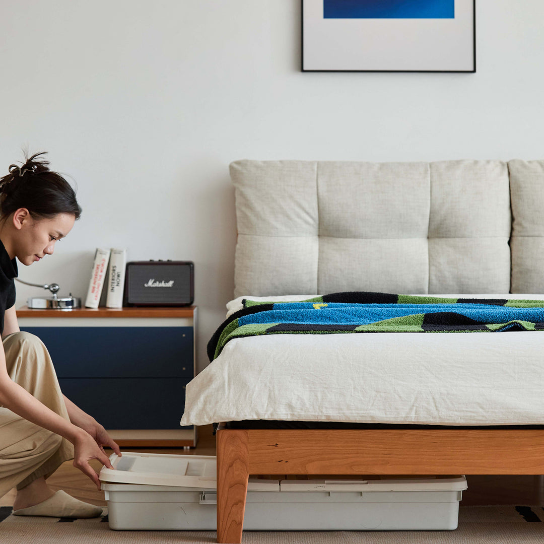 Scandinavian cherry wood cotton fabric bed serene color swatches.