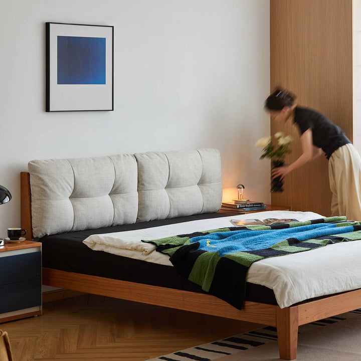 Scandinavian cherry wood cotton fabric bed serene material variants.